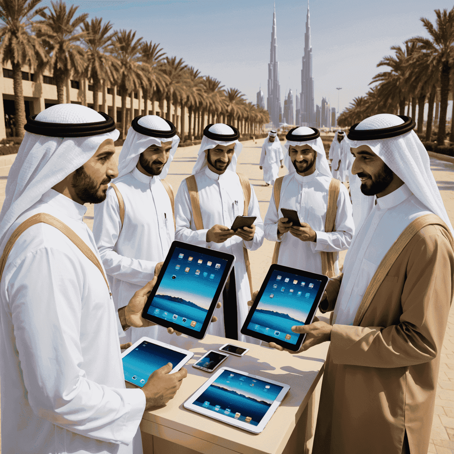 صورة توضيحية لأحدث التقنيات المحمولة في الإمارات العربية المتحدة، تظهر هواتف ذكية متطورة وأجهزة لوحية مبتكرة