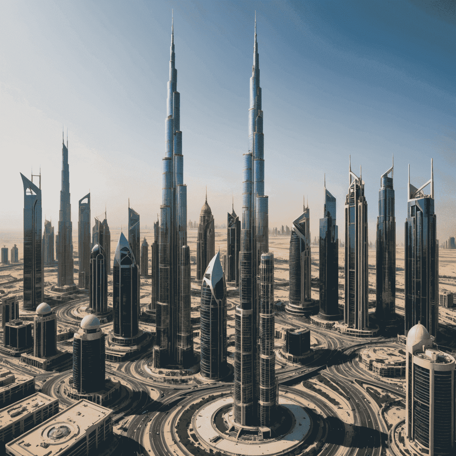 صورة لبرج اتصالات 5G في وسط مدينة دبي، مع خلفية من ناطحات السحاب والتكنولوجيا المتطورة