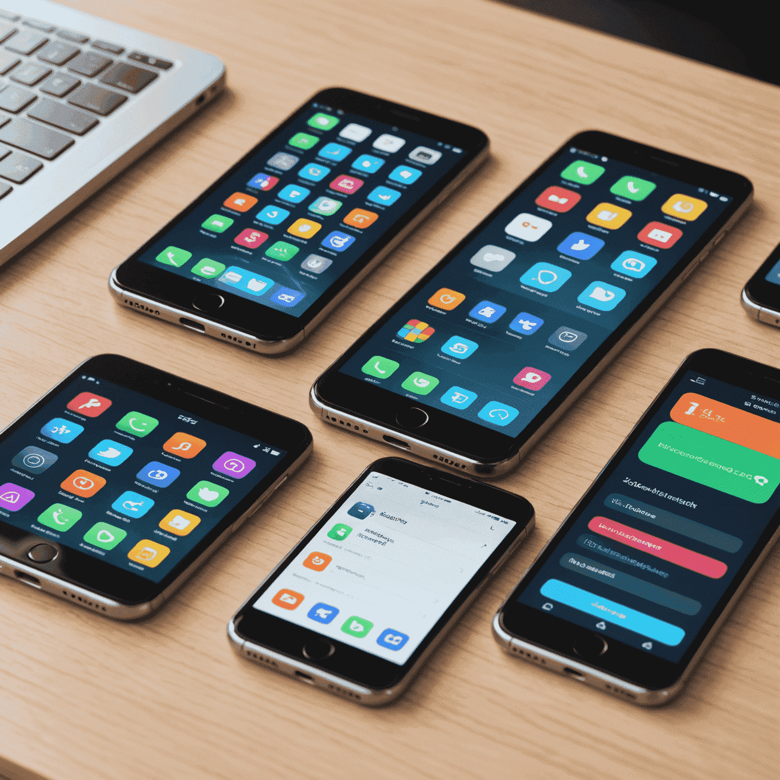 صورة توضيحية لتطوير تطبيقات الجوال تظهر شاشات متعددة لأجهزة iOS وAndroid مع رموز البرمجة في الخلفية