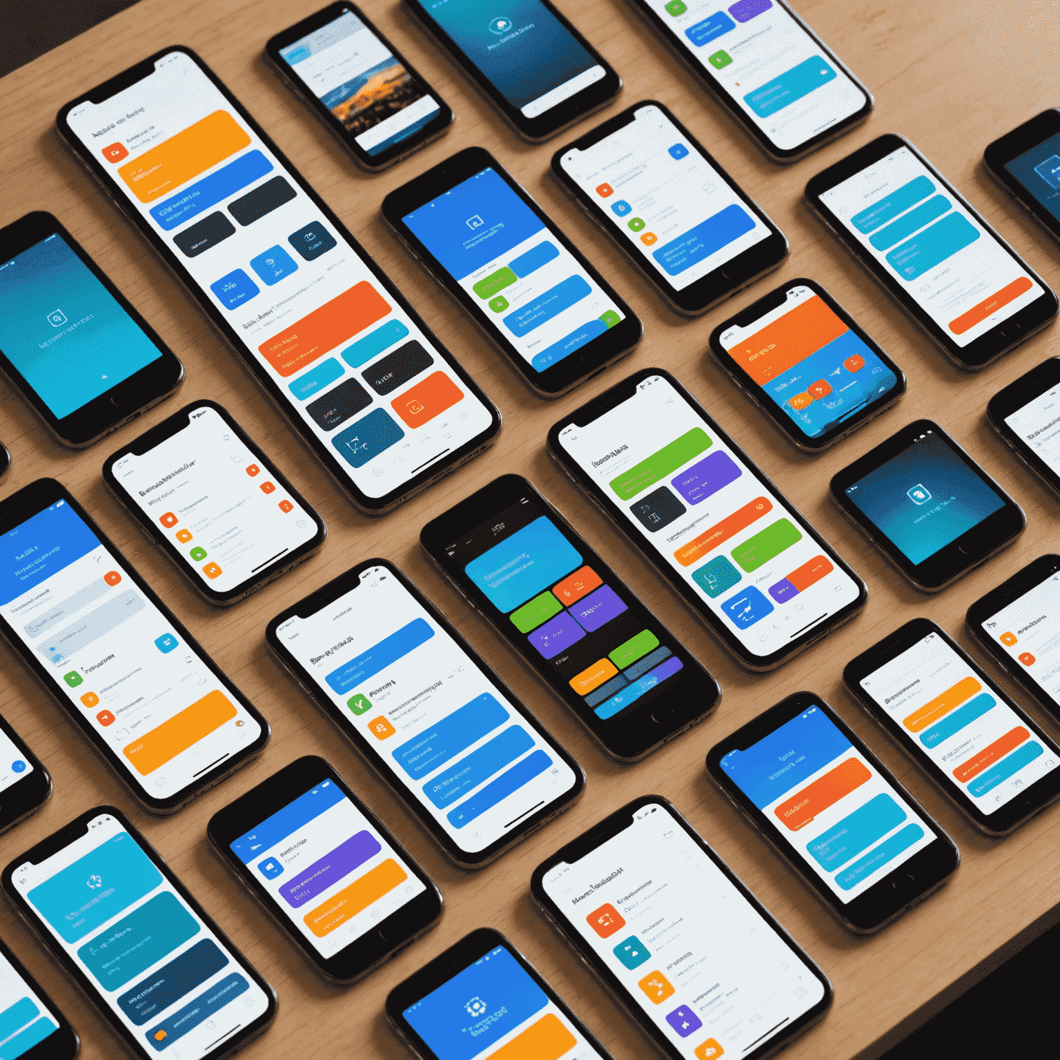 صورة توضيحية لتطوير تطبيقات الهاتف المحمول، تظهر شاشات متعددة لأجهزة iOS وAndroid مع واجهات مستخدم عصرية ومخططات لتصميم التطبيقات