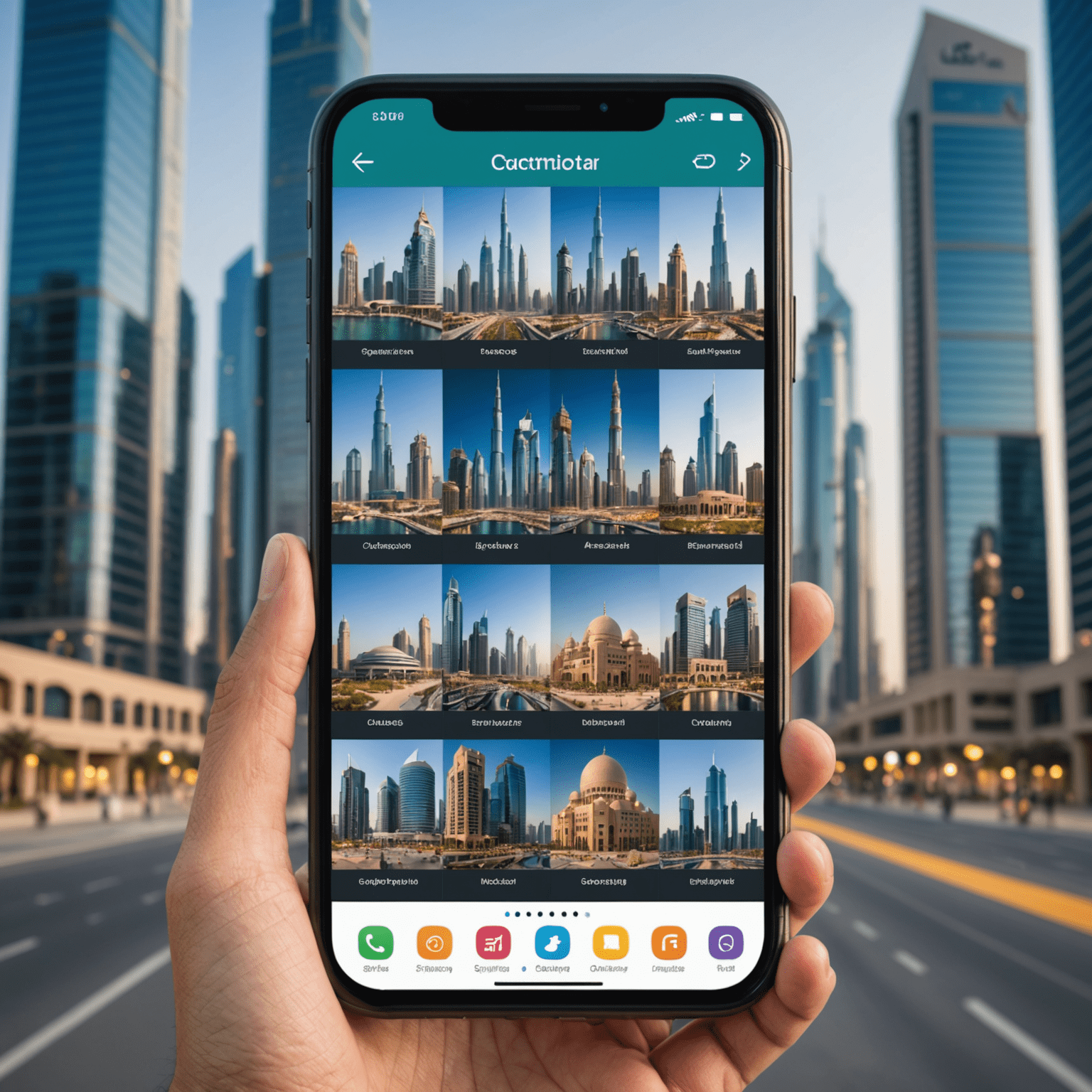 مجموعة من أيقونات التطبيقات المبتكرة على شاشة هاتف ذكي مع خلفية لمباني تجارية في الإمارات